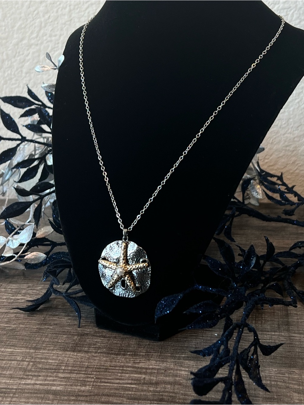Silver Sand Dollar Necklace with Gold Starfish & Pearl Accent – Handcrafted